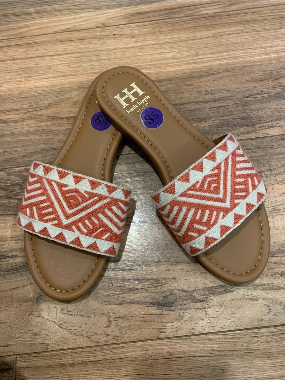 Women's Haute Hippie Aztec Embroidered Rust Orange White Slide Sandals 8 1/2